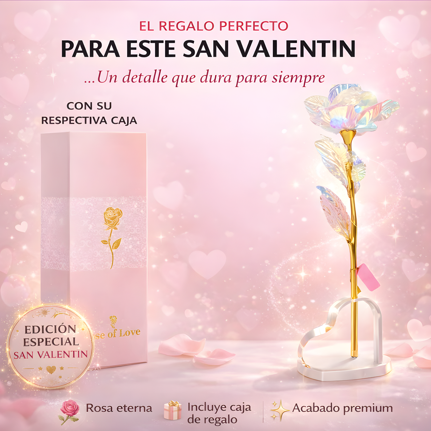 Rosas de San Valentín, rosas eternas de cristal con base en forma de corazón.