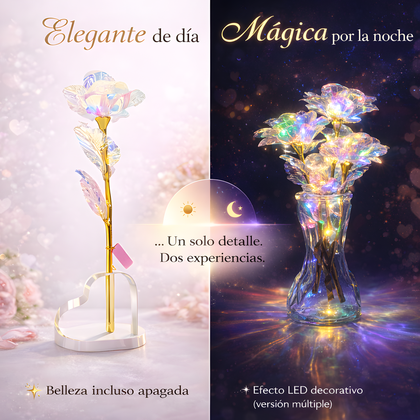 Rosas de San Valentín, rosas eternas de cristal con base en forma de corazón.