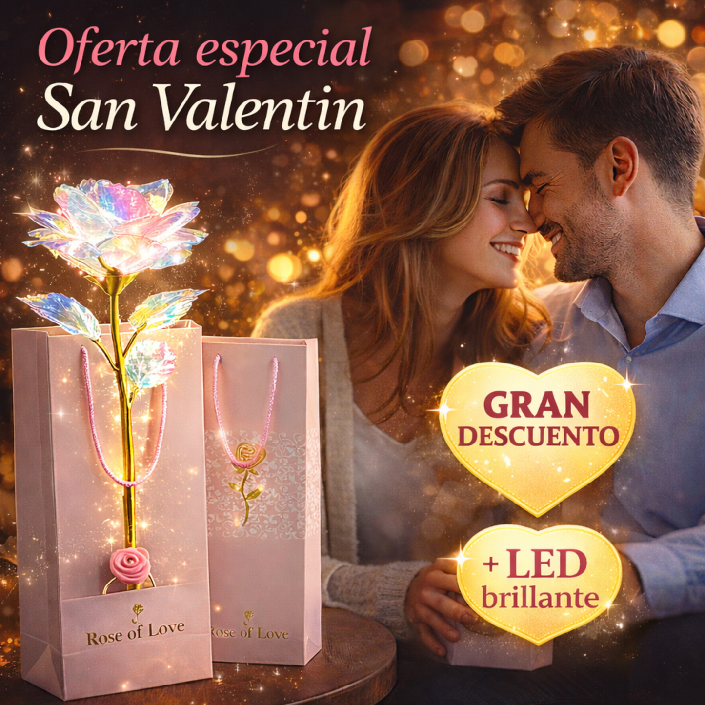 Rosas de San Valentín, rosas eternas de cristal con base en forma de corazón.